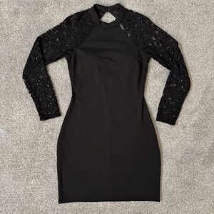 Sequin Hearts Dress Womens Size 11 Black Lace Long Sleeve Bodycon Party Lined